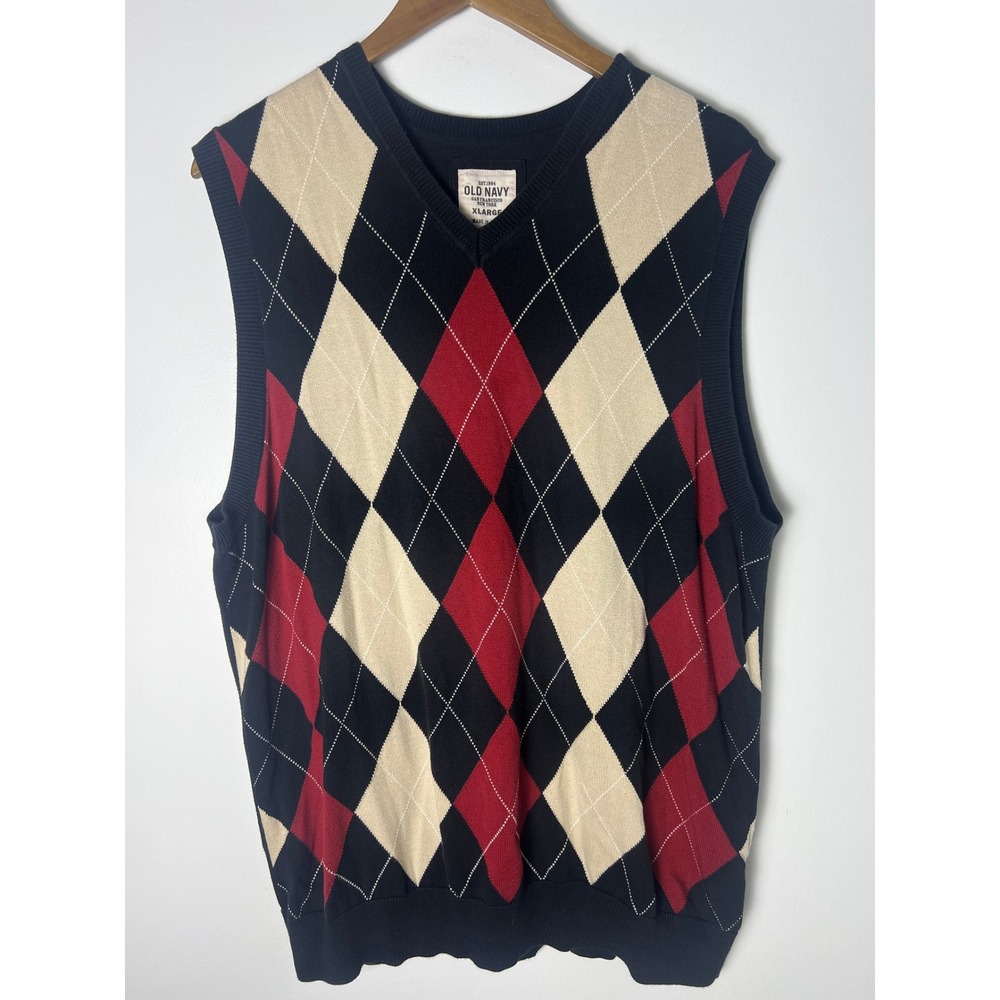 VTG Old Navy Sweater Vest XL Black Red Argyle V-Neck Cotton Knit Preppy Academia